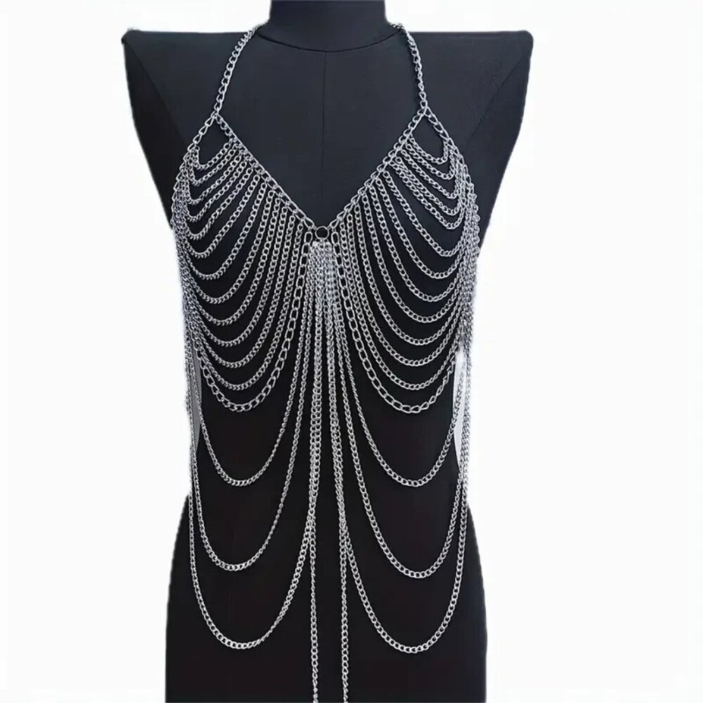 Sexy Silvery Tassel Chest Bra Body Chain Lingerie